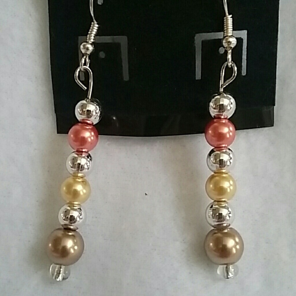 Coral, gold, and beige beaded hook earrings